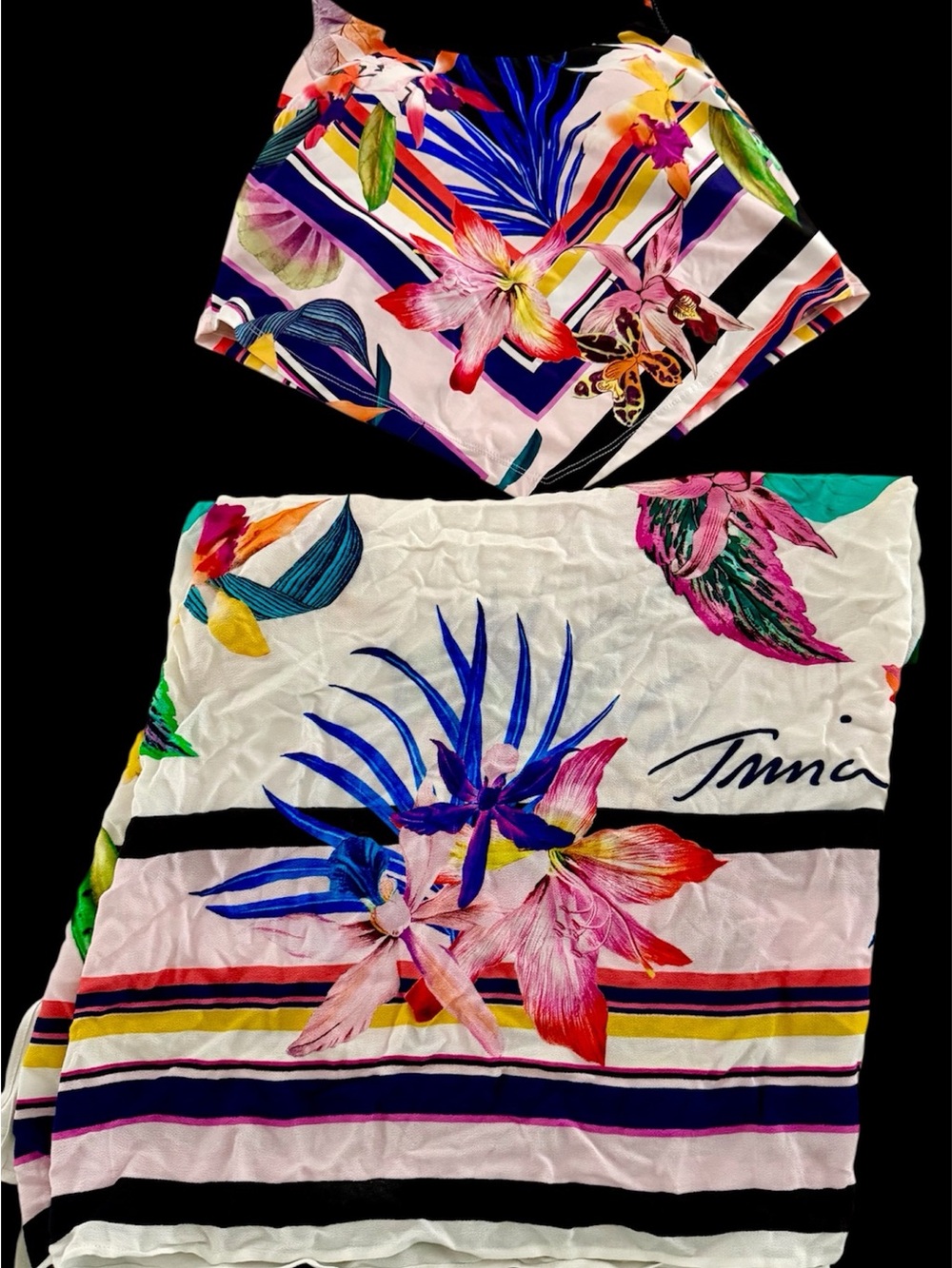 Trina Turk Multicolor Floral Stripe Bikini Top with matching Sarong Size 6 top.